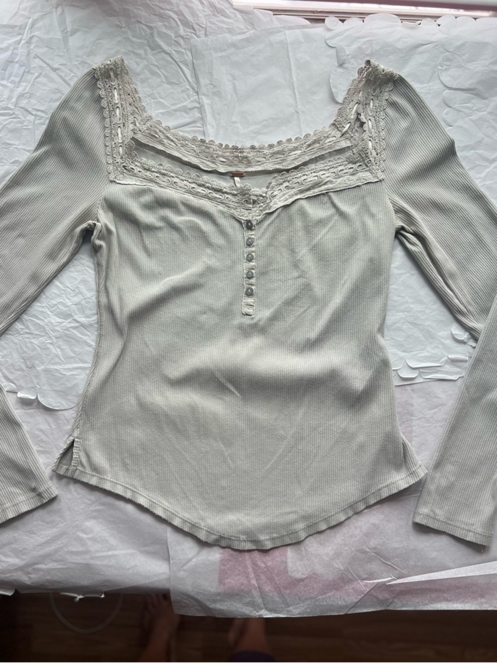 EUC Free People Sage Green Sweetheart Neckline ribbed cotton Lace-Trim  Top